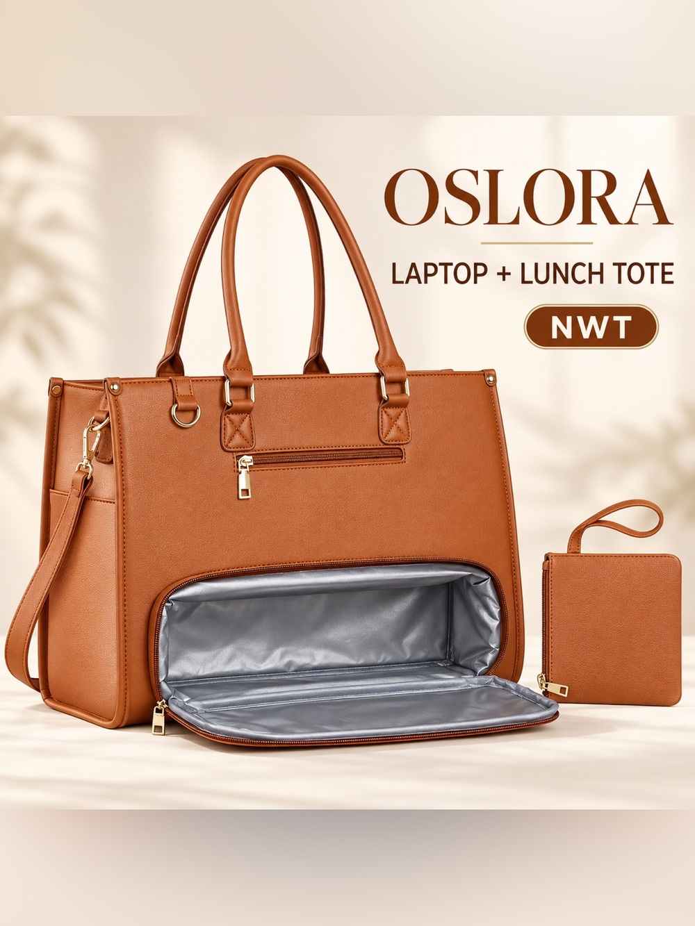 Oslora NWT Cognac Laptop Tote with Insulated Lunch Compartment